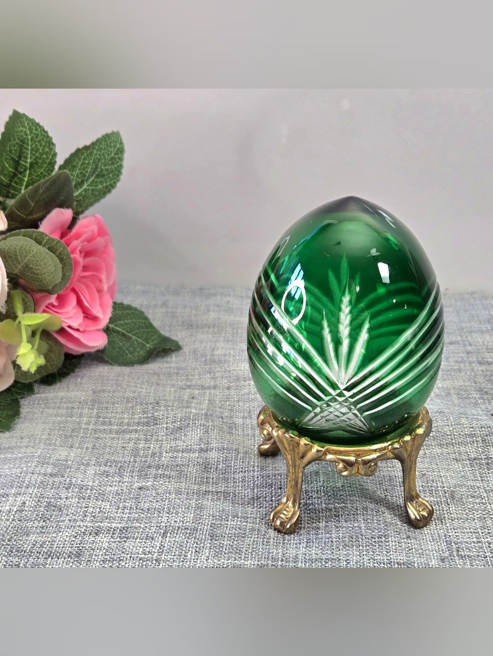 Vintage Ajka Crystal Green Cut To Clear Glass Egg Figurine 24k Gold Plate Stand